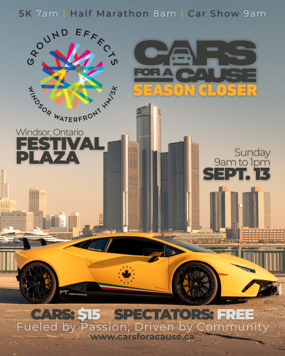 Cars for a Cause Season Closer event poster - Sunday, September 13 at Windsor Festival Plaza, 9am to 1pm